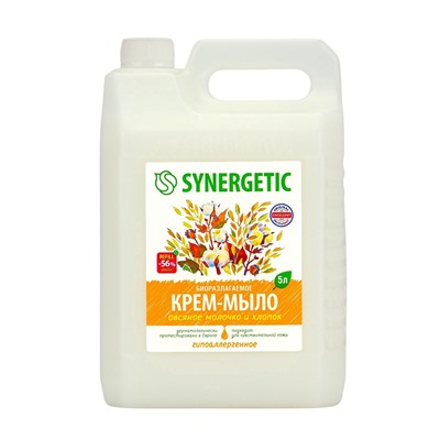 Крем-мыло жидкое SYNERGETIC «Овсяное молочко и хлопок», биоразлагаемое, для мытья рук и тела, 5 л