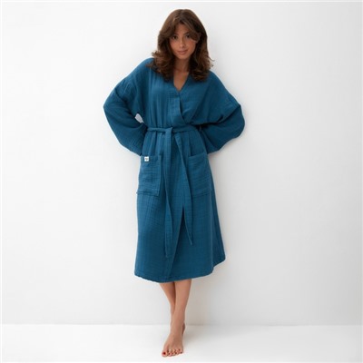 Халат женский муслиновый LoveLife, размер 42-44, синий, хлопок, 4-сл, 235 г/м²