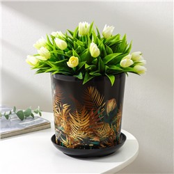 Горшок для цветов с поддоном Доляна «Голди. Листья», 1.6 л, d=14 см, h=15.5 см, пластиковый, цвет чёрный