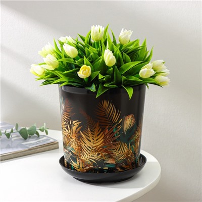 Горшок для цветов с поддоном Доляна «Голди. Листья», 1.6 л, d=14 см, h=15.5 см, пластиковый, цвет чёрный