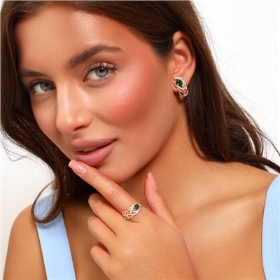 Комплект ювелирная бижутерия коллекция  "Дубай" серьги и кольцо 19 р, покрытие: позолота, вставка: фианиты, цвет: зеленый и прозрачный, арт.217.303-19
