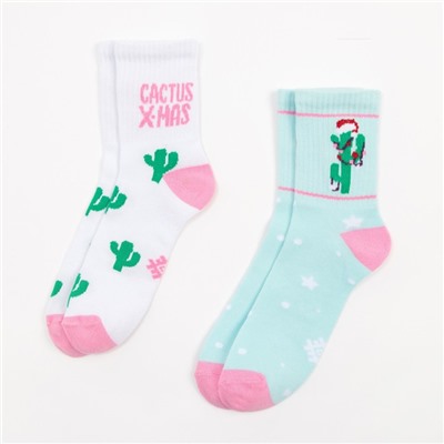 Носки женские новогодние «Кактусы» размер 36-40 (23-25 см), набор 2 пары