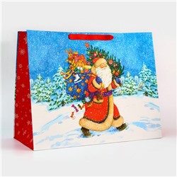 Пакет подарочный новогодний ламинированный «Дед мороз спешит в гости», 50×40×25 см