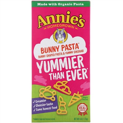 Annie's Homegrown, Bunny Pasta, Bunny Shaped Pasta & Yummy Cheddar, 6 oz (170 g)