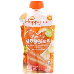 Happy Family Organics, "Обожаю свои овощи" из серии "Счастливый карапуз", органическая фруктово-овощная смесь c морковью, бананом, манго и бататом, 4 пакета по 4,22 унции (120 г)