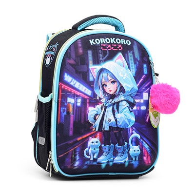 Рюкзак "Junior. Korokoro" школьный жесткий 35x27x13 см (14 л) вес 800 г, 1 отделение на молнии с разделителями для учебников, с органайзером, 1 отделение для формата A4, 2 боковых кармана сеточкой на резинке, эргономичная формоустойчивая спинка с двойной