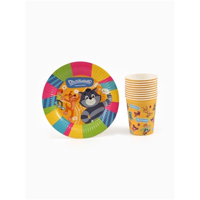 Посуда одноразовая бумажная на 10 персон «Простоквашино»: стаканы, тарелки, скатерть, Союзмультфильм