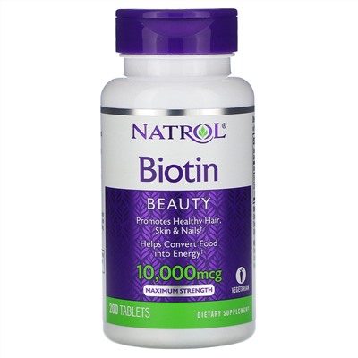 Natrol, биотин, максимальная сила действия, 10 000 мкг, 200 таблеток