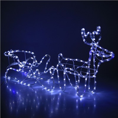 Светодиодная фигура «Олень с санями», олень: 48×48×22 см, сани: 45×23×23 см, дюралайт, 216 LED, 220 В, мерцание, свечение белое/синее