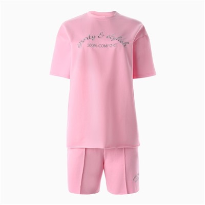 Костюм женский (футболка, шорты) MINAKU: SPORTY & STYLISH, светло-розовый, размер 44