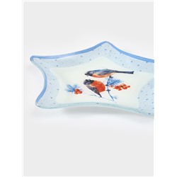 Блюдо новогоднее сервировочное Доляна «Снегири на ветке», d=19 см, стекло, голубое