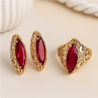 Комплект ювелирной бижутерии коллекция "Дубай" серьги и кольцо 18 р, покрытие позолота, вставка: стекло, цвет: рубиновый, арт.414.237-18