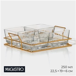 Менажница Magistro «Званый прием», 4 секции, 250 мл, 21.5×19×6 см, стекло, прозрачная, золотистая