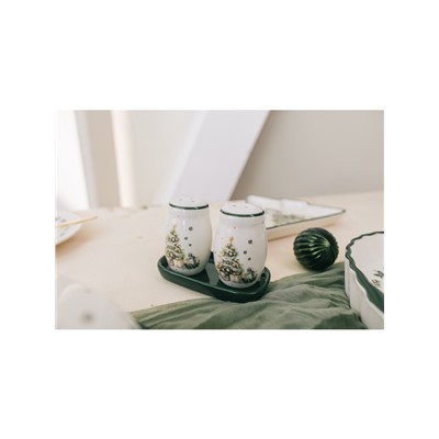 Набор для специй новогодний Доляна «Приближение чуда», 3 предмета: солонка 80 мл, перечница 80 мл, подставка, доломит, белый