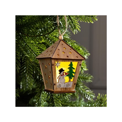 Ёлочная игрушка «Фонарь со снеговиком», 11×8×8 см, от батареек, свечение тёплое белое