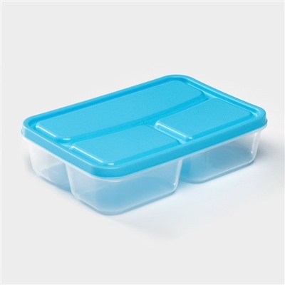 Ланч - бокс для еды, 3 отделения, 200/400 мл, 21×14.5×5.5 см, пластик, прямоугольный, голубой