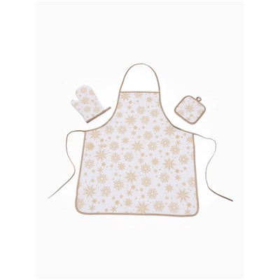 Кухонный набор «Доляна. Снежинки»: прихватка 17×17 см, варежка 26×16 см, фартук 70×80 см, золотой, 100% п/э