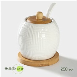 Сахарница с ложкой на бамбуковой подставке BellaTenero, 250 мл, фарфор, белая