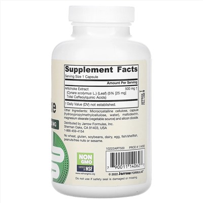 Jarrow Formulas, артишок, 500 мг, 180 вегетарианских капсул