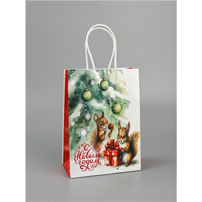 Пакет бумажный подарочный новогодний крафт «Белки» 15×21×8 см
