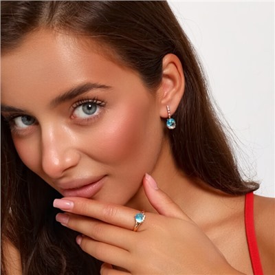 Комплект ювелирная бижутерия коллекция  "Дубай" серьги и кольцо 18 р, покрытие: позолота, вставка: фианиты, цвет: голубой и прозрачный, арт.217.312-18