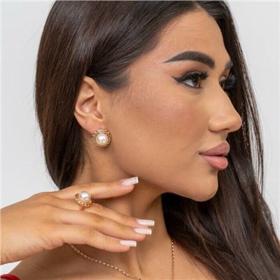 Комплект ювелирная бижутерия, серьги, кольцо и кулон, покрытие: позолота, вставка: жемчуг, 8200, р-р 17, арт.216.358-17