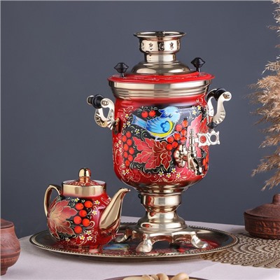 Набор посуды «Рябина», 3 предмета: самовар 3 л, заварочный чайник 0.7 л, поднос