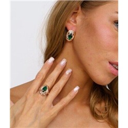 Комплект ювелирной бижутерии коллекция "Дубай",серьги и кольцо посеребрение с позолотой, вставка: камень зеленый, р-р 17,5, 09809, арт.216.379-17,5