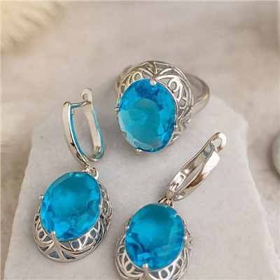 Комплект ювелирной бижутерии с крупным камнем серьги и кольцо 20 р, цвет: голубой, арт.213.920-20