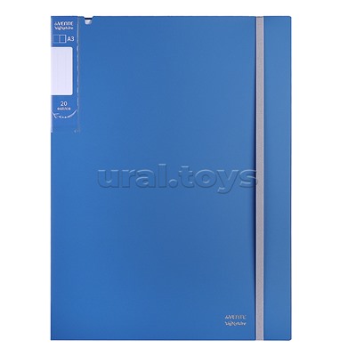 Папка с 020 вкладышами A3 "SigNature" A3 (320x435x15 мм) полипропилен 650 мкм, фактура "ткань" вкладыши 30 мкм, внутренний карман 160 мкм, широкая резинка, индивидуальная упаковка, сумеречно синяя