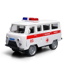 Машина пластик UAZ 452 "Скорая" 12см. (двери, белая) инерц., в коробке