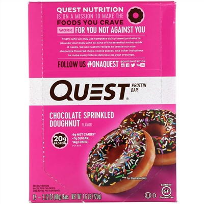 Quest Nutrition, Протеиновый батончик, донат с шоколадной глазурью и посыпкой, 12 батончиков, 60 г (2,12 унции) каждый