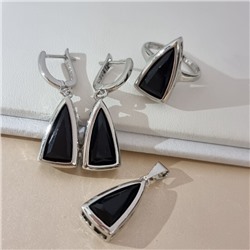 Комплект ювелирной бижутерии коллекция "Дубай" серьги, кулон и кольцо 17 р, покрытие посеребрение, вставка: стекло, цвет: черный, арт.313.441-17