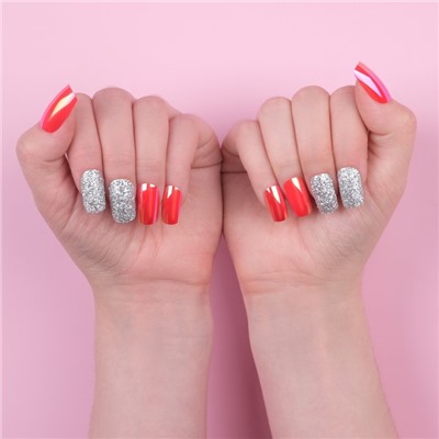 Накладные ногти, 24 шт., с клеевыми пластинами, форма мягкий квадрат, голографические, серебристые