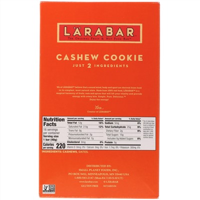 Larabar, The Original Fruit & Nut Food Bar, Cashew Cookie, 16 Bars, 1.7 oz (48 g) Each