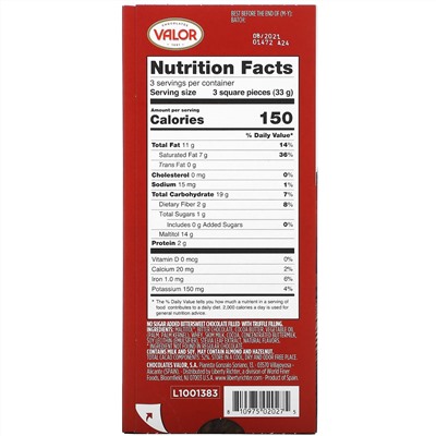 Valor, Creamy Dark Chocolate With Creamy Truffle Filling, 0% Sugar Added, 3.5 oz (100 g)