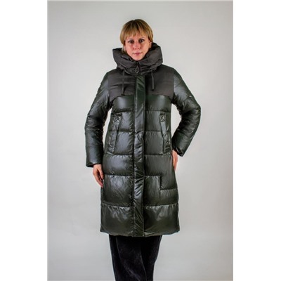 Зимняя удлиненная куртка с капюшоном арт. 221 (Темный хаки)