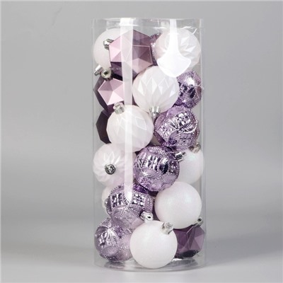 Ёлочные игрушки «Изабель» грани, шары новогодние, d=6 см, набор 24 шт., белый/сиреневый