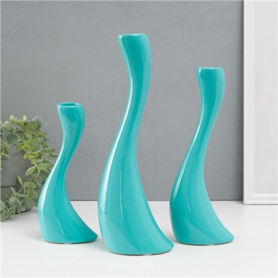 Подсвечник на 1 свечу «Волна», набор 3 шт., d=2.5 см, бирюза, h=20; 25; 30 см