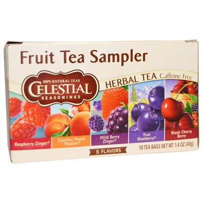 Celestial Seasonings, Fruit Tea Sampler, травяной чай, без кофеина, 5 вкусов, 18 чайных пакетиков, весом 40 г (1,4 унции) каждый