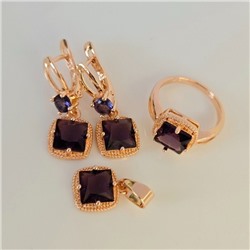 Комплект ювелирной бижутерии Дубайское золото: серьги, кулон и кольцо 20 р с крупным камнем, покрытие позолота, вставка: фианит, цвет: аметистовый, арт.314.960-20