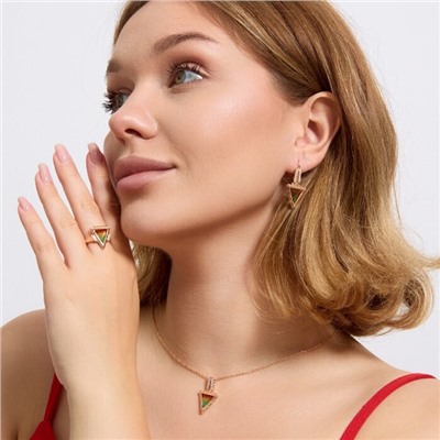 Комплект ювелирной бижутерии коллекция "Дубай" серьги, кулон и кольцо 18 р, покрытие позолота, вставка: фианиты, цвет: зеленый и оранжевый, арт.313.181-18