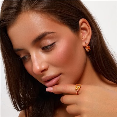 Комплект ювелирная бижутерия коллекция  "Дубай" серьги и кольцо 19 р, покрытие: позолота, вставка: фианиты, цвет: желтый и прозрачный, арт.217.320-19