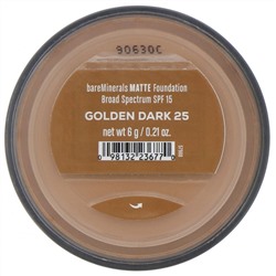 bareMinerals, Matte, тональная основа, SPF 15, оттенок «Золотистый темный 25», 6 г