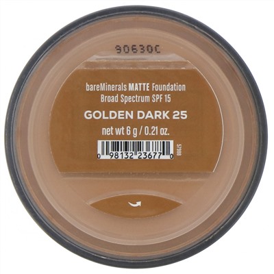 bareMinerals, Matte, тональная основа, SPF 15, оттенок «Золотистый темный 25», 6 г