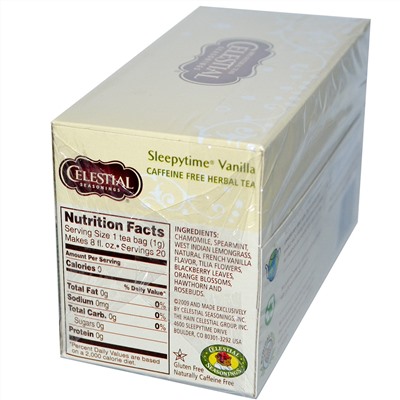 Celestial Seasonings, Травяной чай, Sleepytime Vanilla, без кофеина, 20 пакетиков, 1,0 унции (29 г)