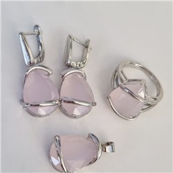 Комплект ювелирная бижутерия серьги, кулон и кольцо 17 р, покрытие: посеребрение, вставка: фианит, цвет: розовый матовый, арт.313.066-17