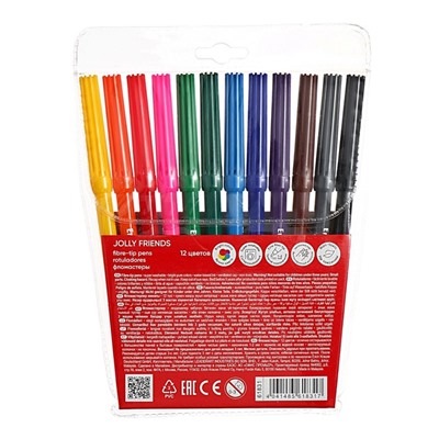 Фломастеры 12 цветов, ErichKrause Jolly Friends Super Washable, вентилируемый колпачок, МИКС