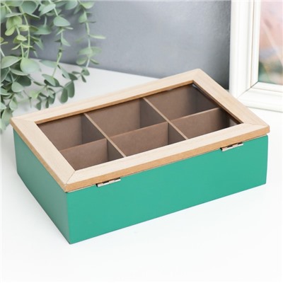 Шкатулка для чая с делениями «Пальмовые листья», дерево, зелёная с золотом, 7×16.5×24 см