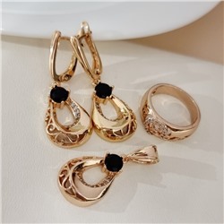Комплект ювелирной бижутерии коллекция "Дубай" серьги, кулон и кольцо 19 р, покрытие позолота, вставка: фианиты и цирконы, цвет: черный и прозрачный, арт.217.483-19